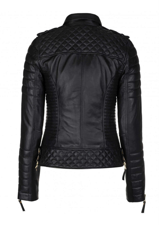 Illustration for article titled Black Women's Slim Fit Biker Diamond Quilted Kay Michaels Real Leather Jacket
